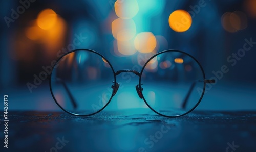 Glasses on the background of the night city. Selective focus.