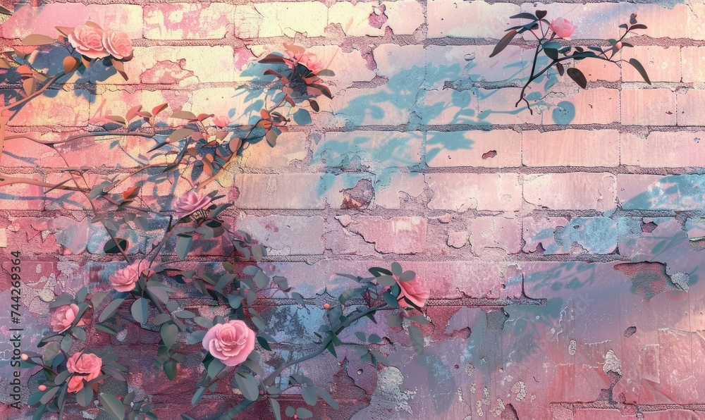 Naklejka premium Pink roses on old white brick wall background with grunge texture. Copy space for text.