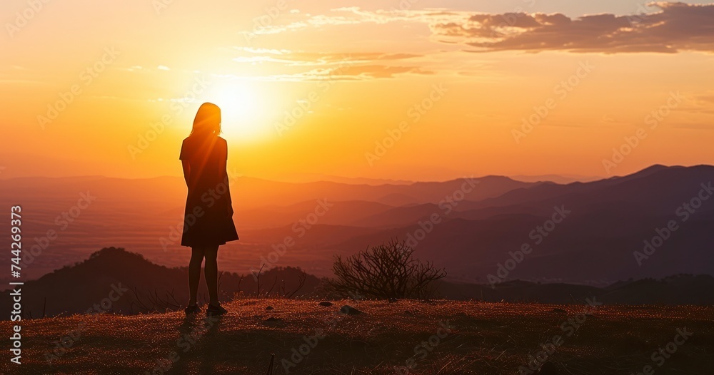 The Peaceful Silhouette of a Woman on a Hill as the Sun Sets Over the Mountains