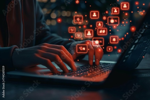 Social media and marketing virtual icons floating around a businessman working on a laptop Depicting the integration of digital strategies in business operations. photo