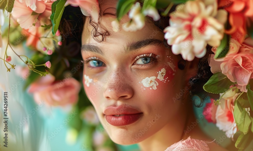 Obraz premium young woman in a spring flowers wreath, surrounded by floating petals or blossoms.