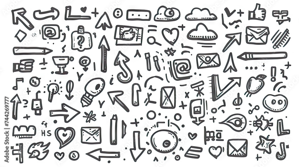 Set of Hand-Drawn Arrows Icons Hashtags Social Symbols - Collection of Sketchy Social Media Elements - Hand-Drawn Arrows and Hashtags Organic and Unique Social Symbols