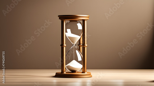 Aesthetic 3D Hourglass with Sand Countdown Isolated on Wooden Background. Business Timekeeping Concept for Important Appointments, Schedules, and Deadlines