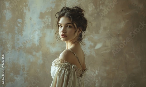 Vintage photo of a beautiful girl in a white dress on a gray background