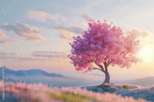 Spring nature scene with a pink blooming tree Symbolizing the beauty and renewal associated with easter