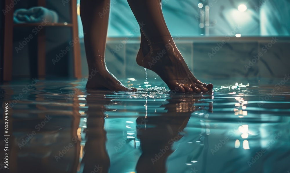 Closeup of female legs standing in swimming pool with reflection on water - obrazy, fototapety, plakaty 
