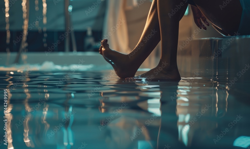 Closeup of female legs standing in swimming pool with reflection on water - obrazy, fototapety, plakaty 