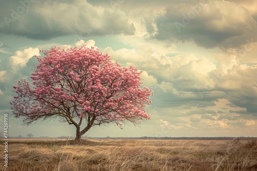 Spring nature scene with a pink blooming tree Symbolizing the beauty and renewal associated with easter