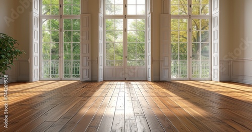 A Spacious  Empty Room Bathed in Natural Light with Wooden Flooring and Dual Large Windows