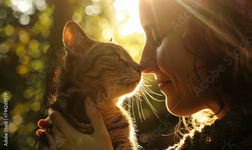 Young woman with cute cat outdoors on sunny day, closeup. Human and pet friendship