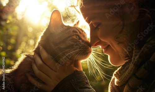 Young woman with cute cat outdoors on sunny day  closeup. Human and pet friendship