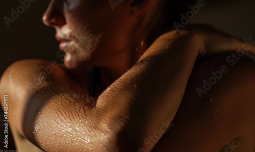 Close-up of a woman's arms covered with water droplets