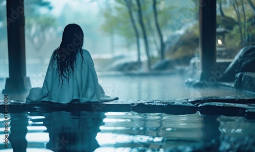 Young woman sitting on the edge of a pool in the rain.