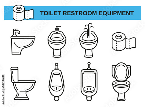 Public restroom toilet seat, bidet, male urinal bowl, lavatory or bathroom sanitary plumbing line icon set. Paper tissue towel roll. Body hygiene. Water closet. Home washroom ceramic equipment. Vector