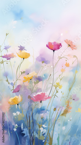 Impressionistic Watercolor Painting of Vibrant Wildflowers Against a Soft Sky