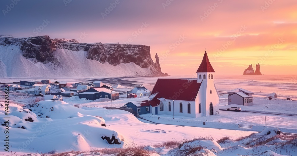 Warm Sunset Light Enveloping a Cozy Village with a Church Between Snowy Cliffs and the Calm Sea