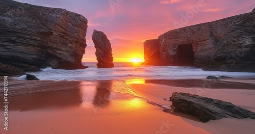 Majestic Rock Formations Watch Over a Serene Sunset and Gentle Beach Waves © Ilham