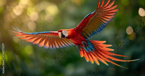 The Majestic Flight of Hybrid Macaw Parrots in the Heart of dense Forests © Ilham