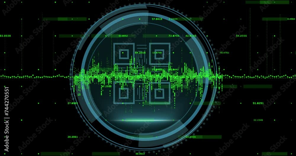 Animation of qr code and scope scanning over data processing Animation of qr code and scope scanning over data processing