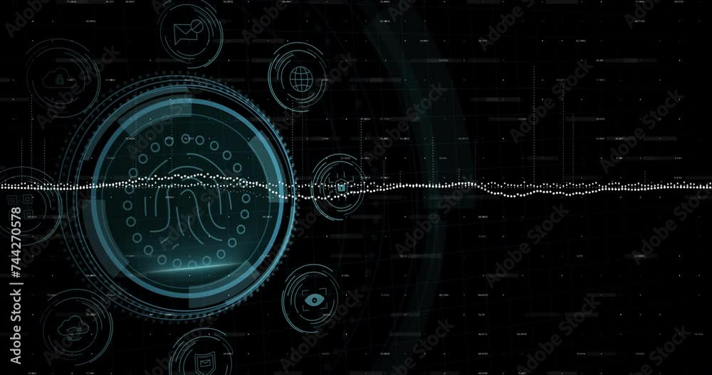 Animation of fingerprint and scope scanning over data processing Animation of fingerprint and scope scanning over data processing