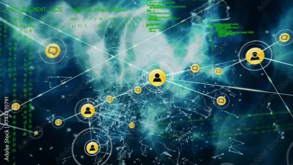 Animation of network of connections with icons over data processing Animation of network of connections with icons over data processing