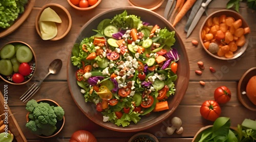 Healthy Mixed Vegetable Salad on Wooden Table with AI generated.
 photo