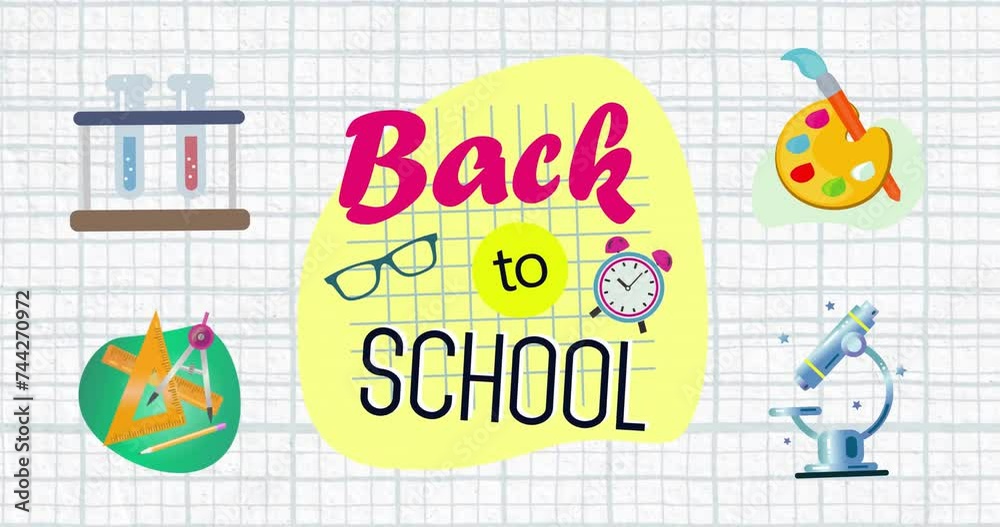 Animation of back to school text over school item icons Animation of back to school text over school item icons