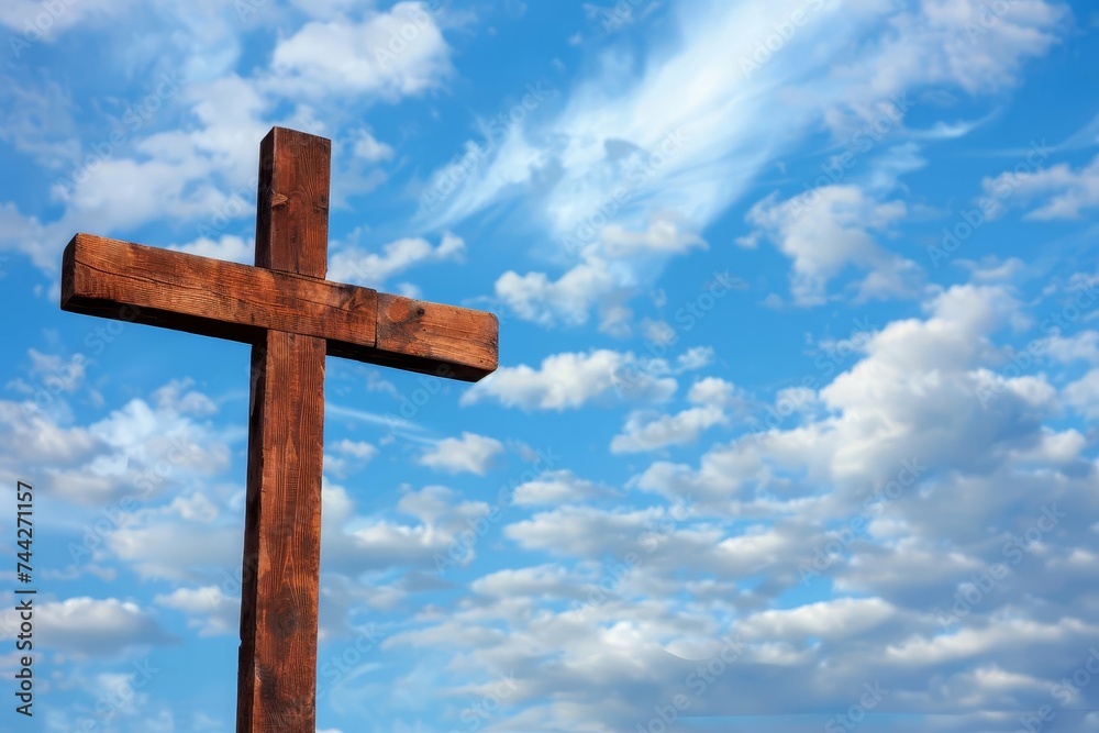 Wooden cross against a serene sky Symbolizing faith and renewal in the spirit of easter