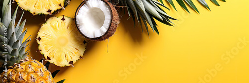 coconut and pineapple on yellow background  photo