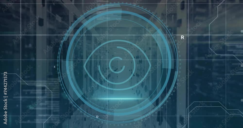 Animation of eye icon with digital data processing over computer servers Animation of eye icon with digital data processing over computer servers
