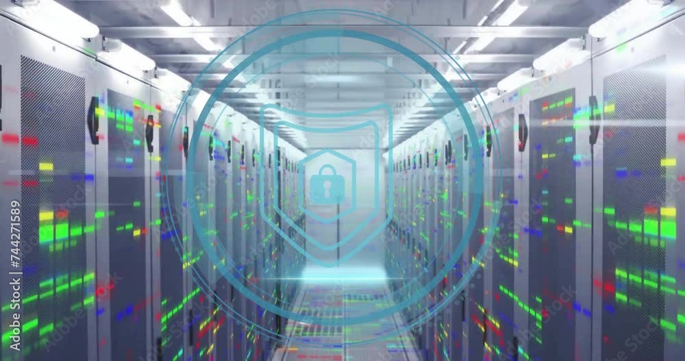 Animation of cyber security text with digital data processing over computer servers Animation of cyber security text with digital data processing over computer servers