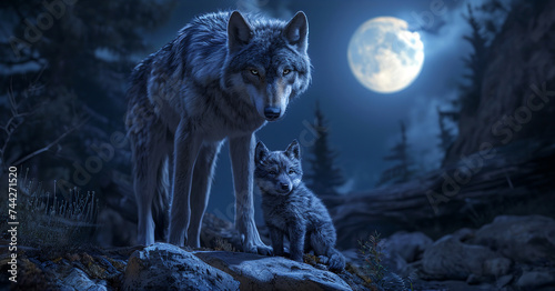 Powerful mother wolf sitting on a rock and protecting her baby at midnight on a full moon background. Power of motherhood concept. Free wild animals in night forest