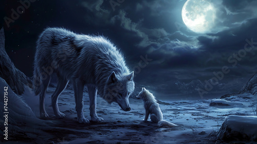 Powerful mother wolf sitting on a rock and protecting her baby at midnight on a full moon background. Power of motherhood concept. Free wild animals in night forest