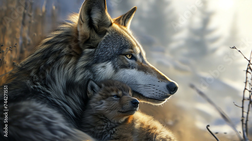 Portrait of a mother wolf and her baby on forest background. Power of motherhood and care concept. Free wild animals