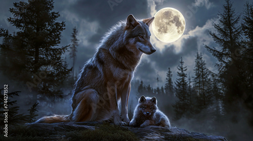 Powerful mother wolf sitting on a rock and protecting her baby at midnight on a full moon background. Power of motherhood concept. Free wild animals in night forest