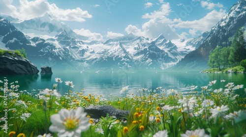 Pristine Alpine Lake with Snowy Mountains Reflection and Wildflower Foreground
