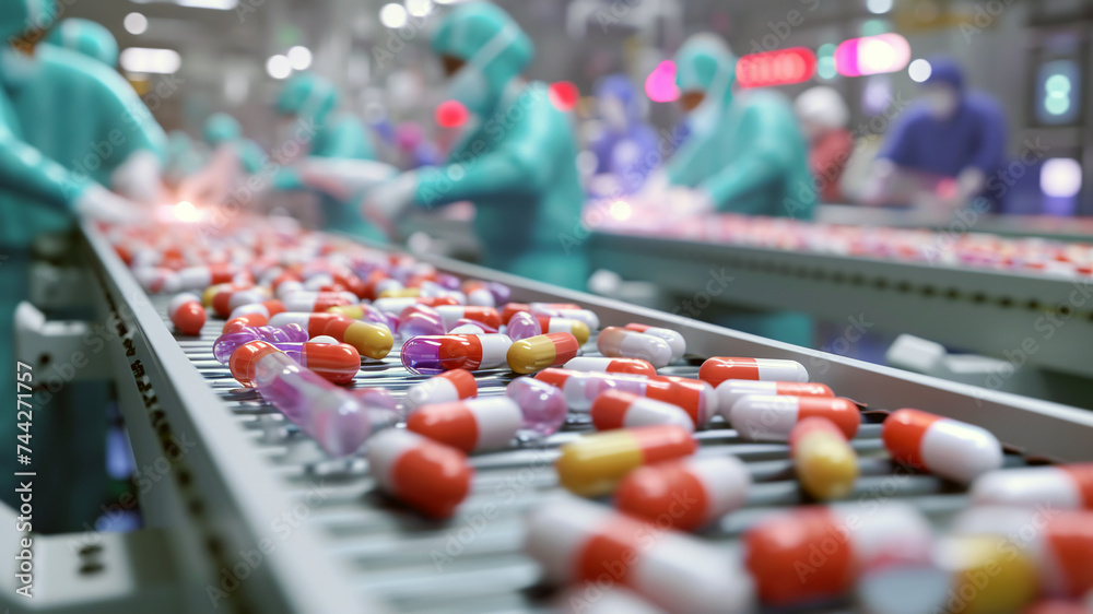 Workers in sterile uniforms work on a pharmaceutical production line. Conveyor with pills. People sorting drugs in medicine manufacture