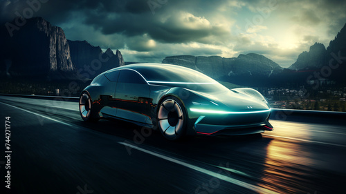 Futuristic modern shiny black sportscar on a road. New racing car concept © grethental