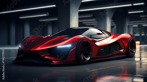 Futuristic modern shiny res sportscar concept. New racing car in garage