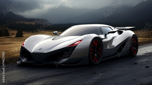 Futuristic modern shiny sportscar concept. New racing car on dramatic landscape background