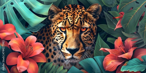 Close-up portrait of Leopard in tropical flowers and leaves. Picturesque portrait of Cheetah . Digital illustration 