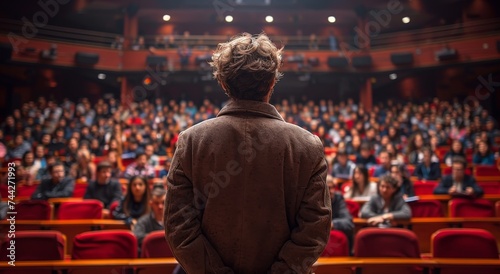 A solitary figure in a brown jacket stands amidst a sea of vibrant red, his eyes fixed upon the eager audience in the grand auditorium