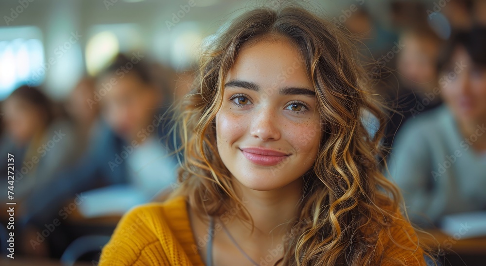A radiant woman exudes confidence and warmth as she gazes directly into the camera, her perfectly arched eyebrows and layered brown hair framing her genuine smile, dressed in stylish clothing against - obrazy, fototapety, plakaty 