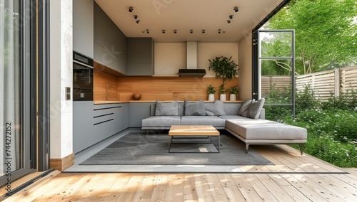 Wallpaper Mural A Contemporary Home's Backyard Oasis with a Cozy Sofa, Stylish Coffee Table, and Vibrant Plants Torontodigital.ca