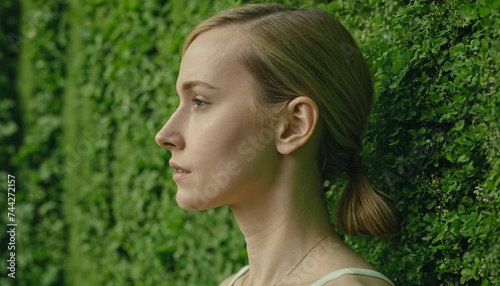 portrait of a woman against a green wall