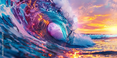 Colorful Ocean Wave. Sea water in crest shape. Sunset light and on background.