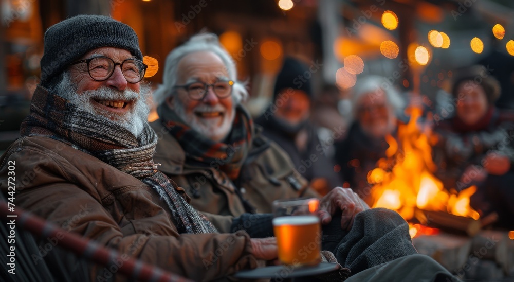 A jovial group of men, bundled in winter clothing and sporting warm smiles, gather around a crackling fire on the outdoor street, their human faces illuminated by the flickering flames as they sit an