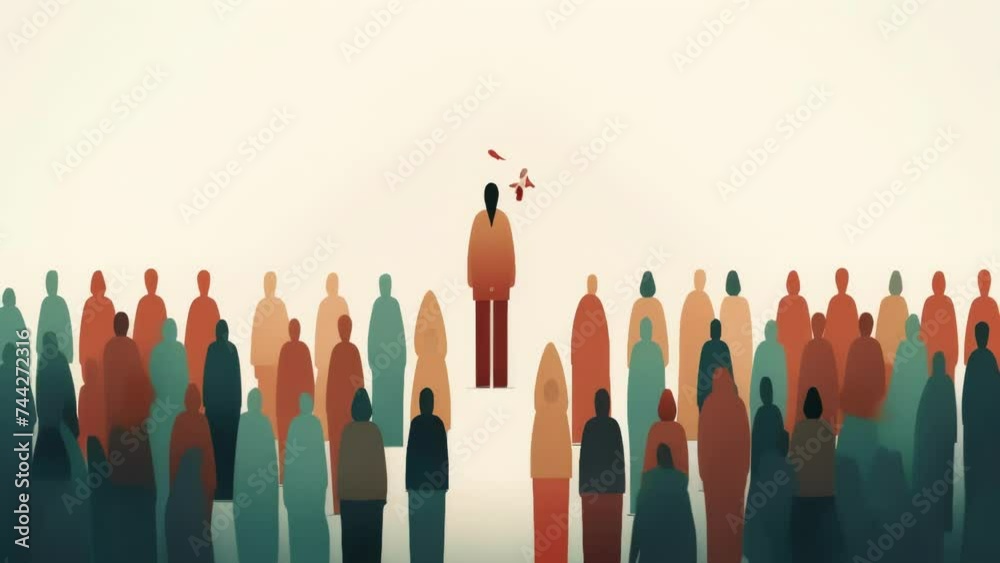 A person standing in the middle of two different groups of people representing cultural divide Psychology art concept. . A person standing in the middle of two different groups of people representing cultural divide Psychology art concept. .