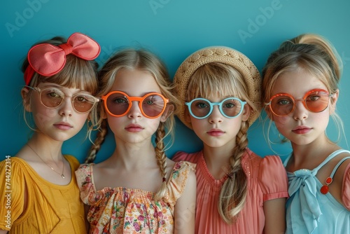 A stylish group of young women posing against a wall, donning fashionable sunglasses and hats as essential accessories to complete their trendy looks