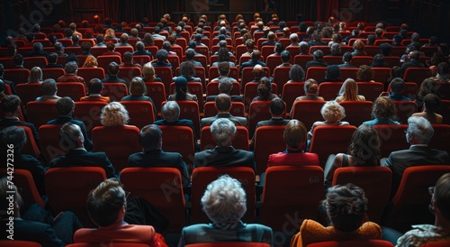 A diverse audience gathers in a large red auditorium, eagerly anticipating the start of an indoor convention at the grand convention center